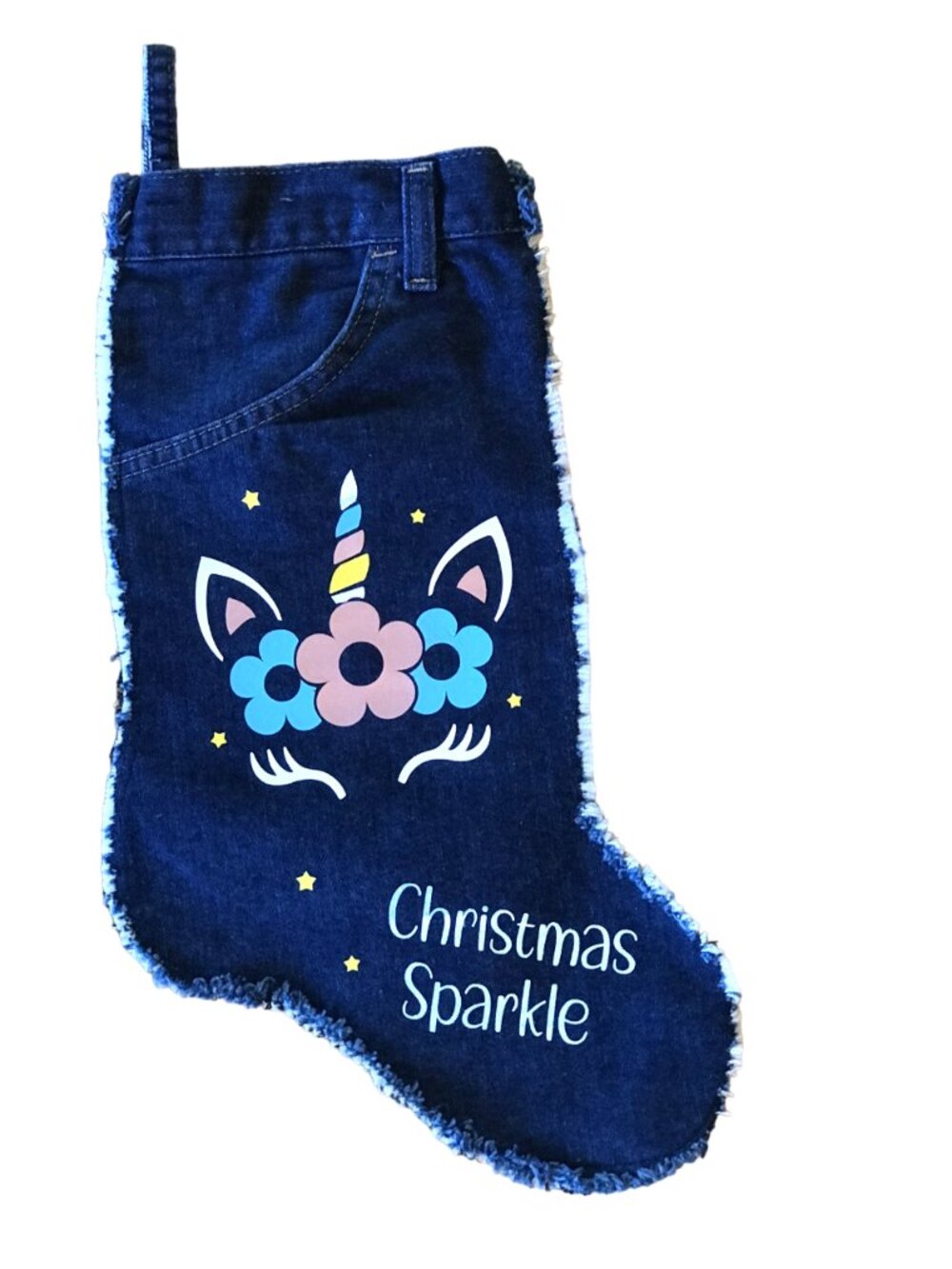 Denim Unicorn Sparkle Christmas Stocking w/Pocket Holiday Home Decor S - M